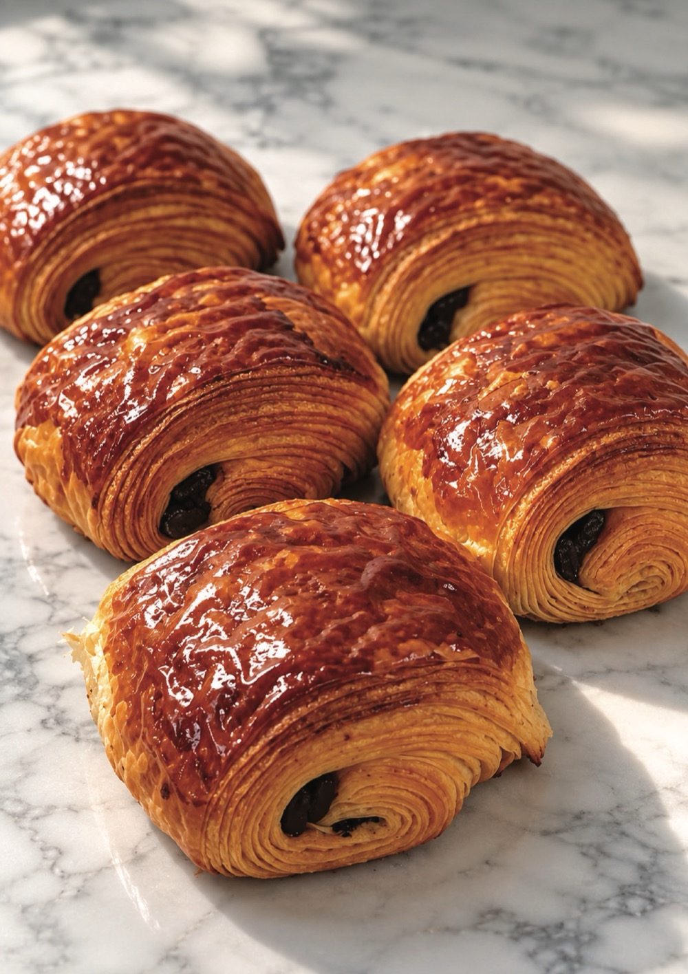 Pains au chocolat dorés sur marbre